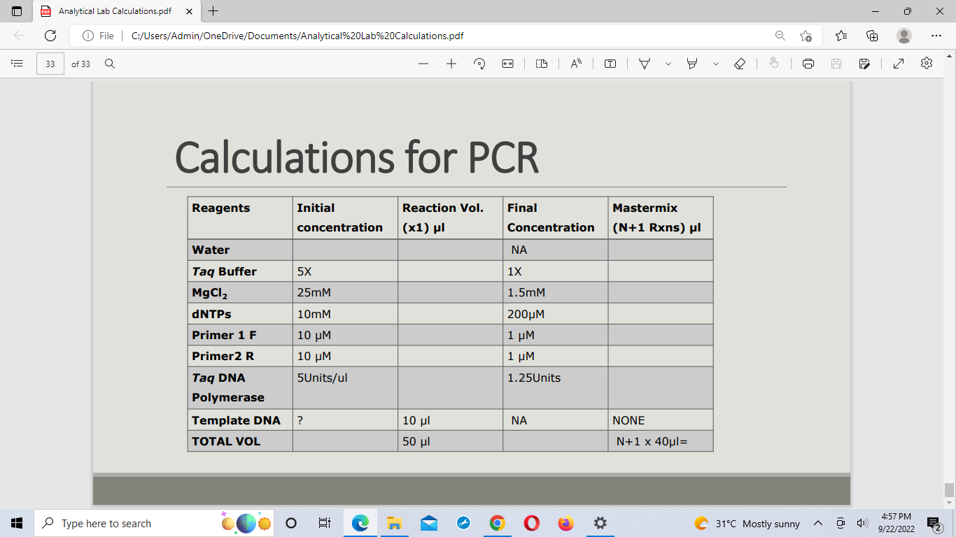 Solved Calculations for PCR. Complete the following