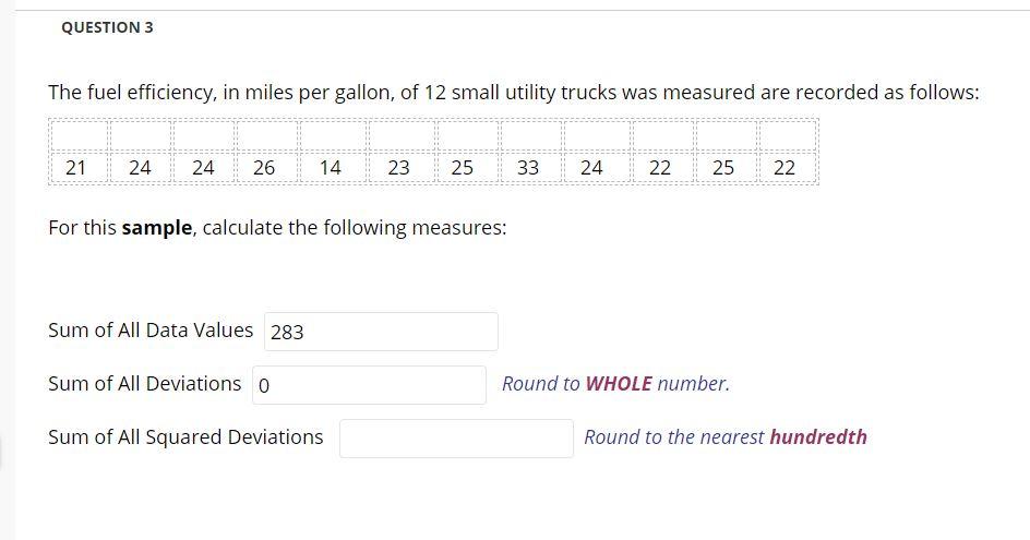 Solved QUESTION 3 The fuel efficiency, in miles per gallon, | Chegg.com