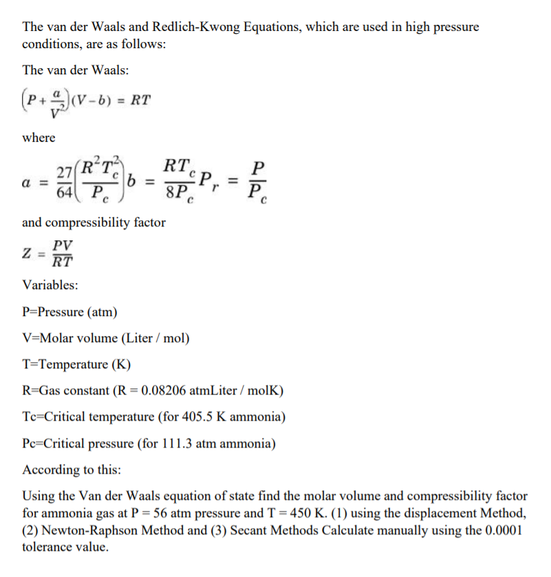 Solved The Van Der Waals And Redlich Kwong Equations Whi Chegg Com