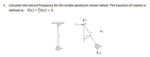 1. Calculate the natural frequency for the simple pendulum shown below. The Equation of motion is defined as: \( \ddot{\theta