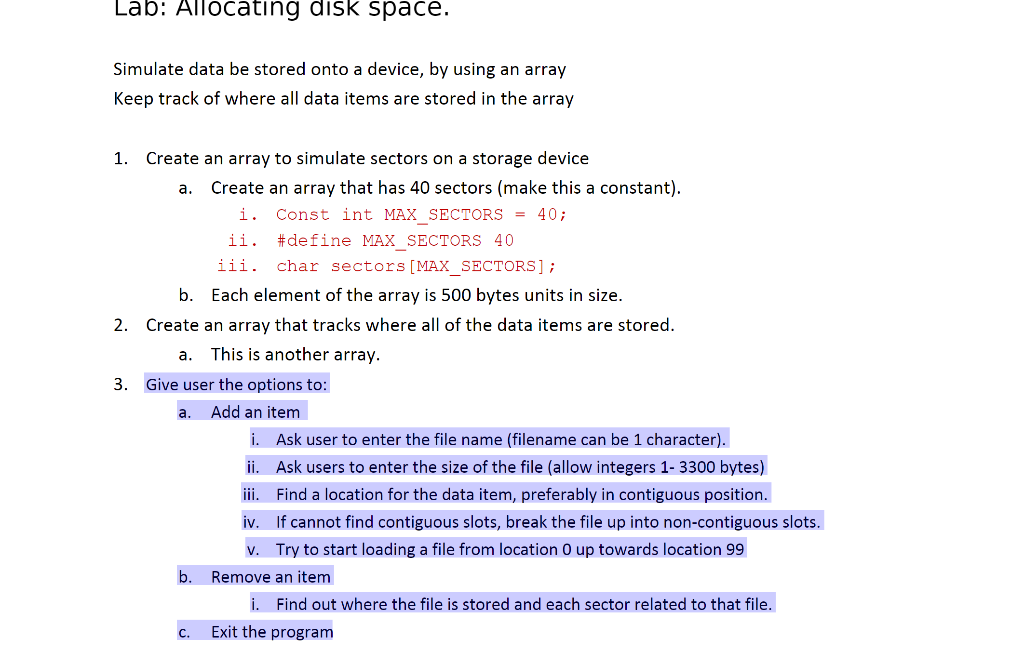 Lab: Allocating disk space. Simulate data be stored | Chegg.com