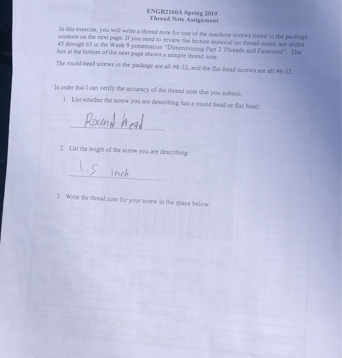 Screw Note Writing ENGR2160A Spring 2019 Thread Note Assignment In this | Chegg.com