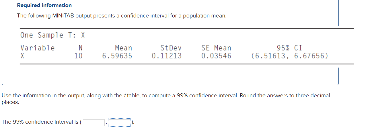 Required information
The following MINITAB output presents a confidence interval for a population mean.
se the information in