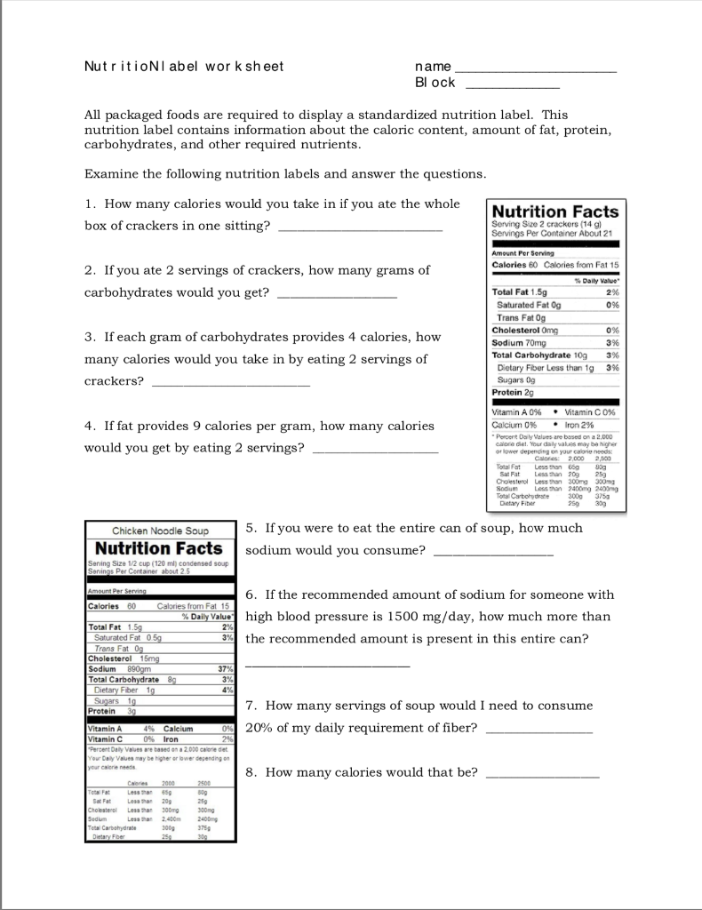 Nutrition Label Worksheet Answer