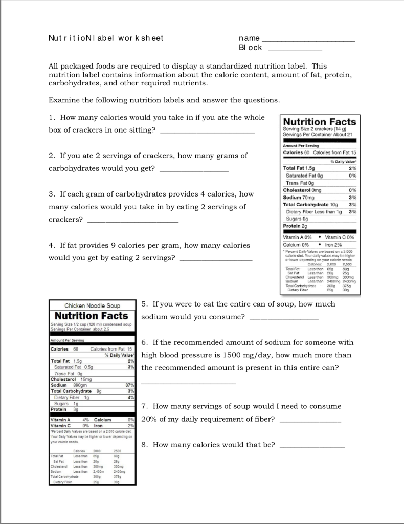 food label math worksheet answers