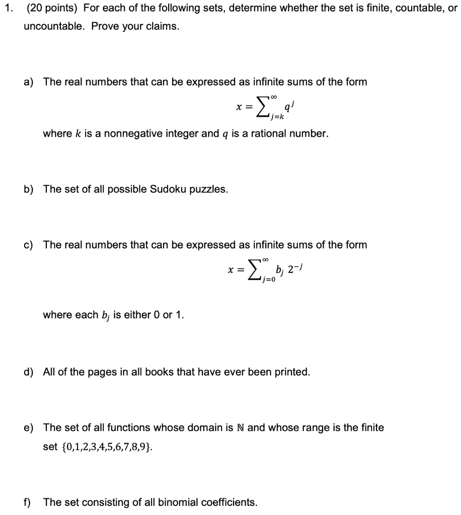 Solved 1. (20 points) For each of the following sets, | Chegg.com
