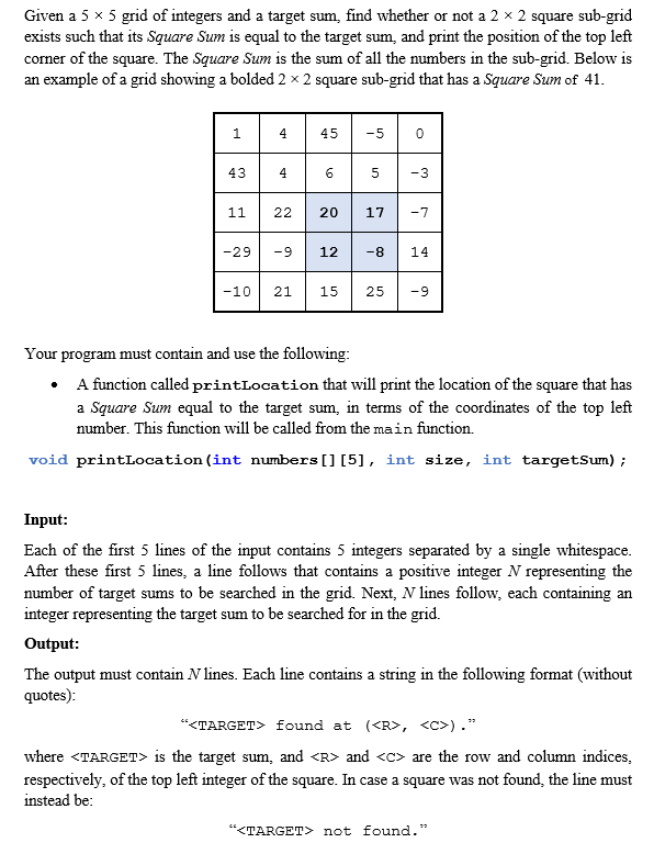 solved given a 5 x 5 grid of integers and a target sum find chegg com