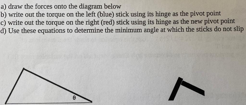 a) draw the forces onto the diagram below
b) write out the torque on the left (blue) stick using its hinge as the pivot point