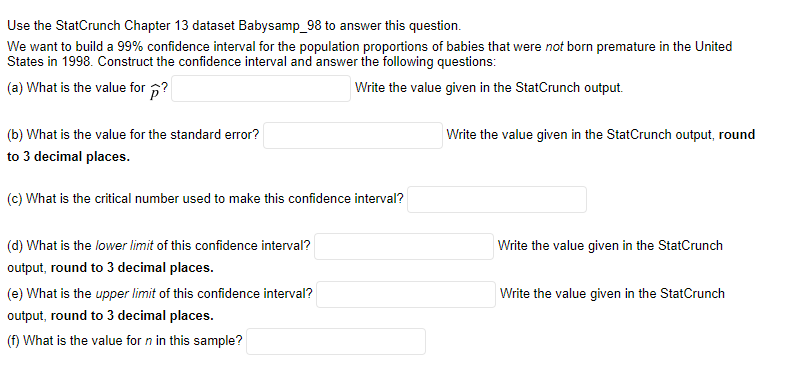 Use The StatCrunch Chapter 13 Dataset Babysamp_98 To | Chegg.com