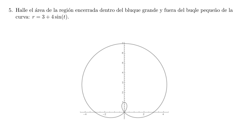 5. Halle el área de la región encerrada dentro del bluque grande y fuera del buqle pequeño de la curva: \( r=3+4 \sin (t) \).