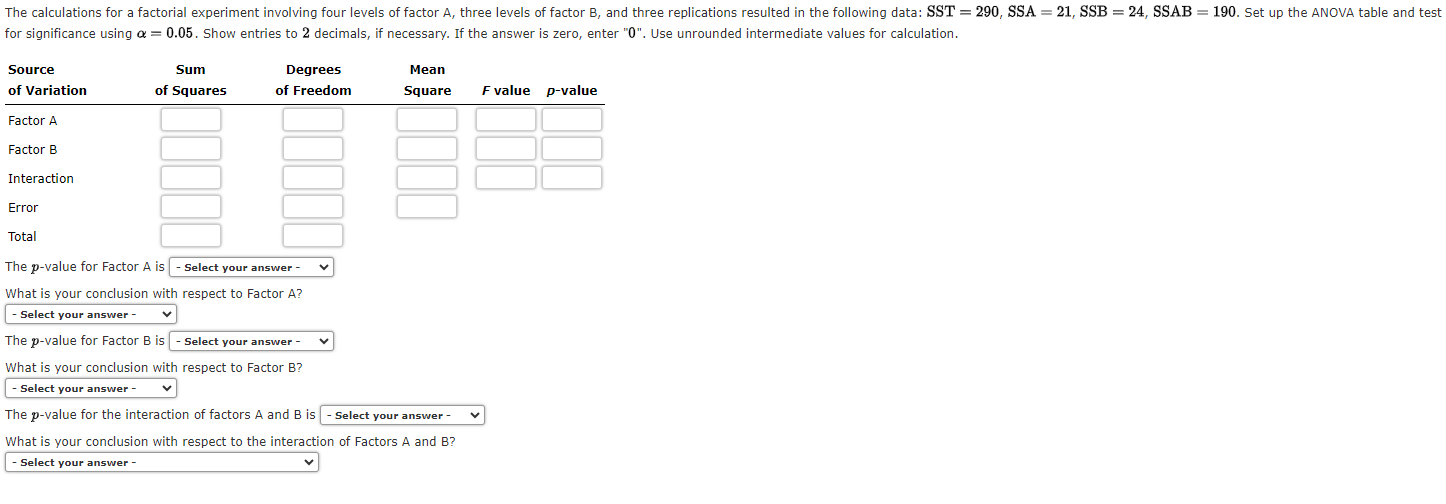 Solved The calculations for a factorial experiment involving | Chegg.com