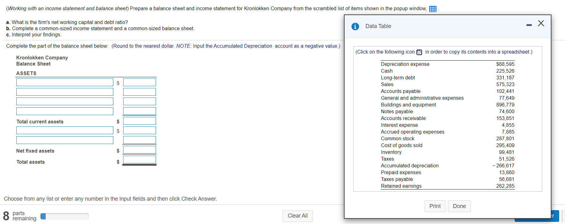Solved (Working with an statement and balance sheet)