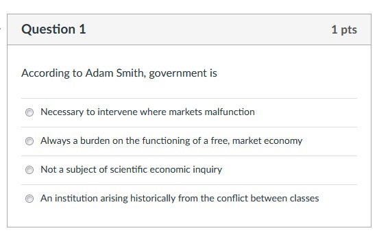 Solved Question 1 1 pts According to Adam Smith, government | Chegg.com