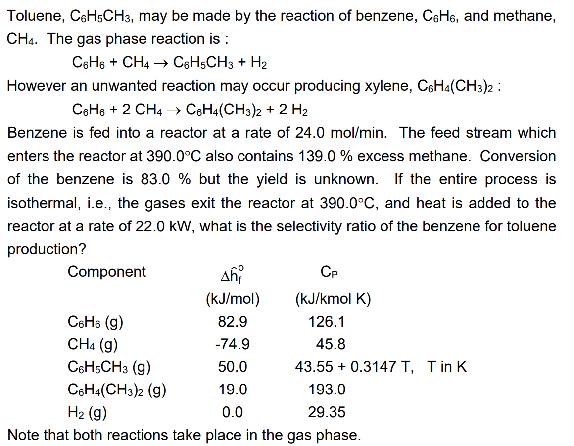 Solved Toluene, C6H5CH3, may be made by the reaction of