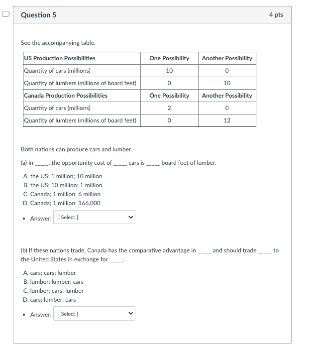Solved Question 5 4 pts See the accompanying table. Another | Chegg.com