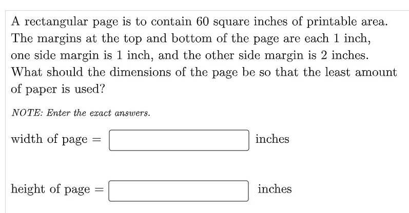 Solved A rectangular page is to contain 60 square inches of | Chegg.com