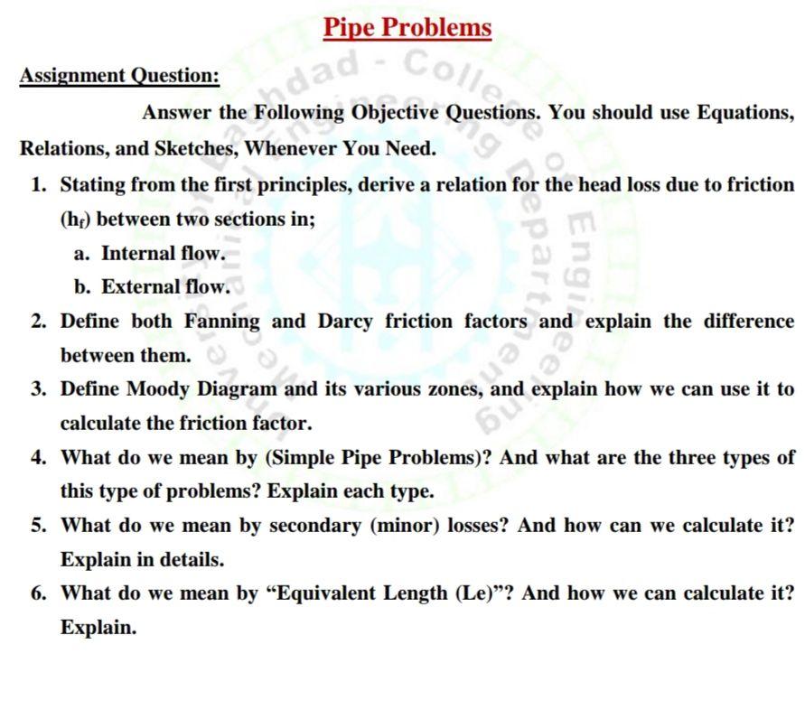 Solved Pipe Problems Colla Assignment Question: Answer the | Chegg.com