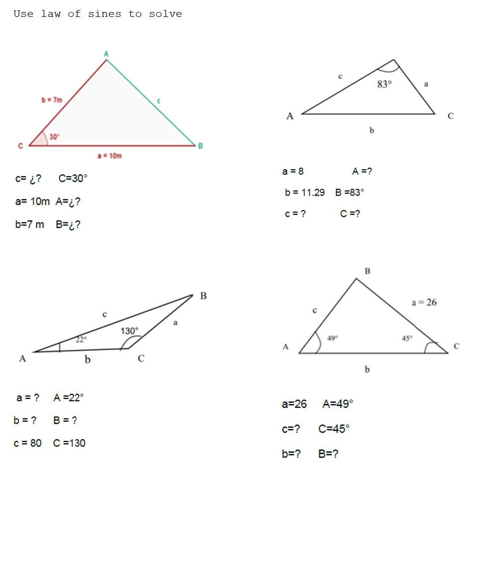 Solved Use law of sines to solve с 830 a b = 7m A с b 30 с B | Chegg.com