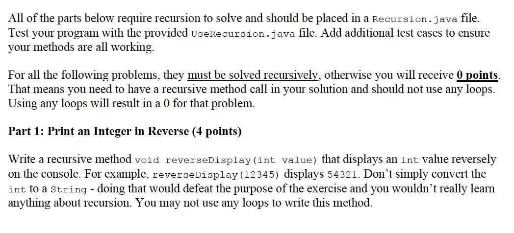 Solved All of the parts below require recursion to solve and | Chegg.com