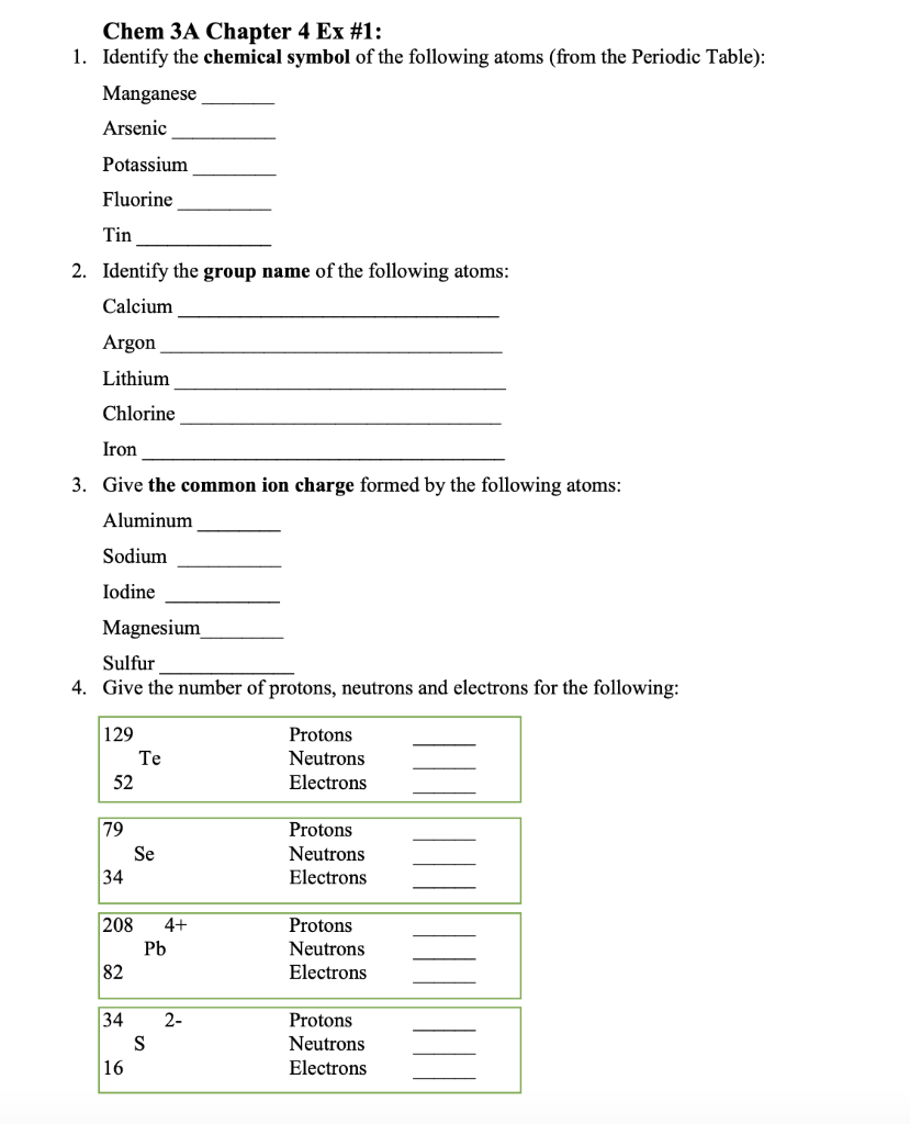 Solved Chem 3A Chapter 4 Ex #1: 1. Identify the chemical | Chegg.com