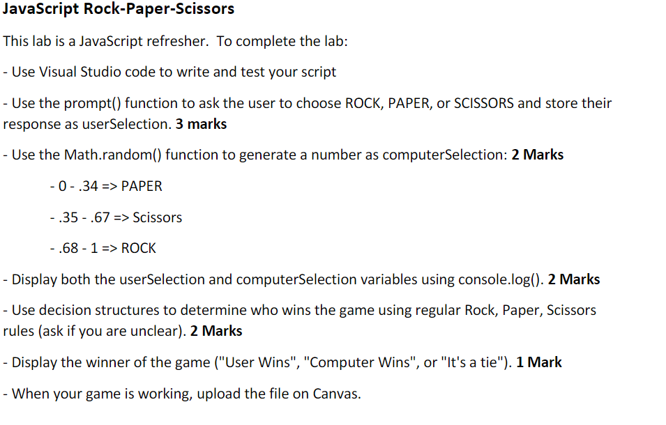 Solved Javascript Rock-Paper-Scissors This Lab Is A | Chegg.Com