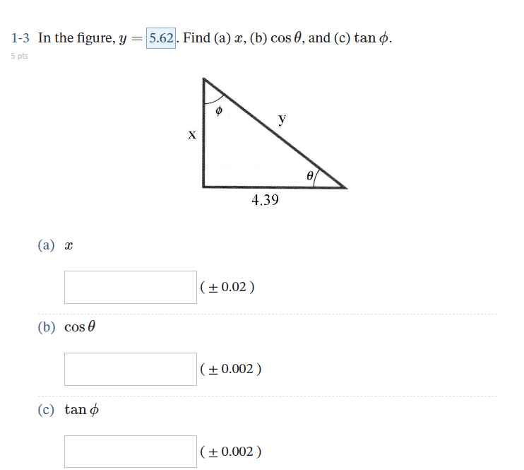 Solved 1-3 In the figure, y=5.62. Find (a) x, (b) cosθ, and | Chegg.com