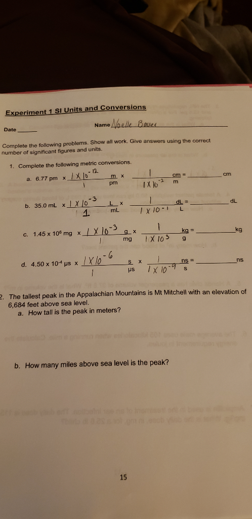 Solved Experiment 1 Si Units And Conversions Name Hoelle Chegg Com