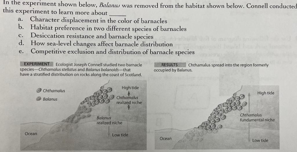 In the experiment shown below, Balanus was removed from the habitat shown below. Connell conducted this experiment to learn m