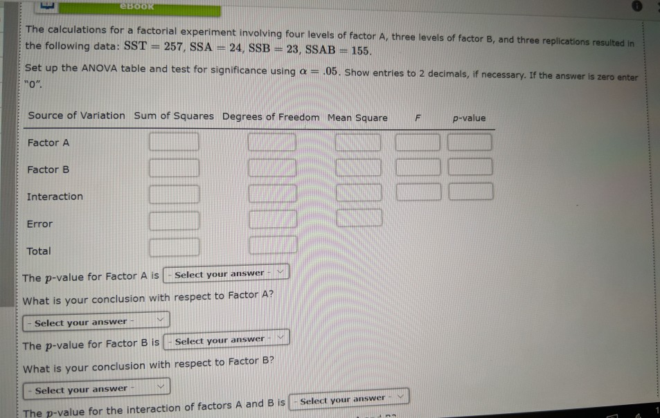 Solved евоох The calculations for a factorial experiment | Chegg.com