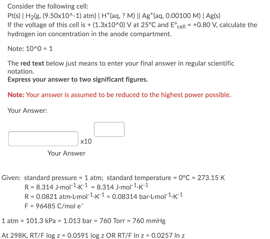 Solved Consider The Following Cell Pt S H2 G 9 50x10 Chegg Com