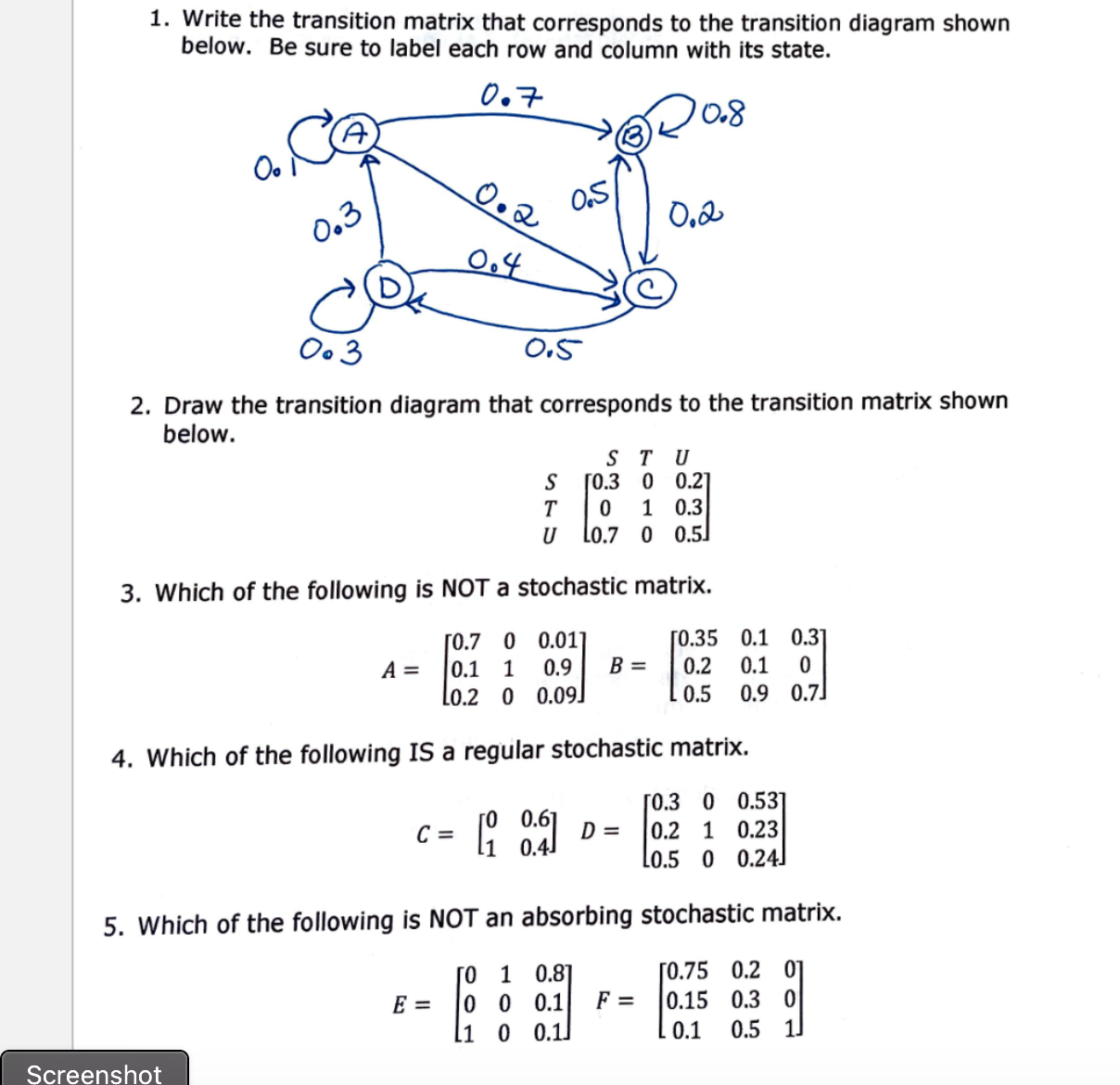 Solved 1. Write The Transition Matrix That Corresponds To | Chegg.com