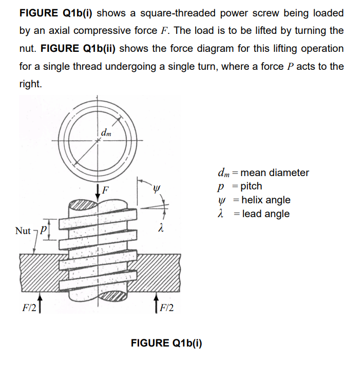 Solved FIGURE Q1b(i) shows a squarethreaded power screw