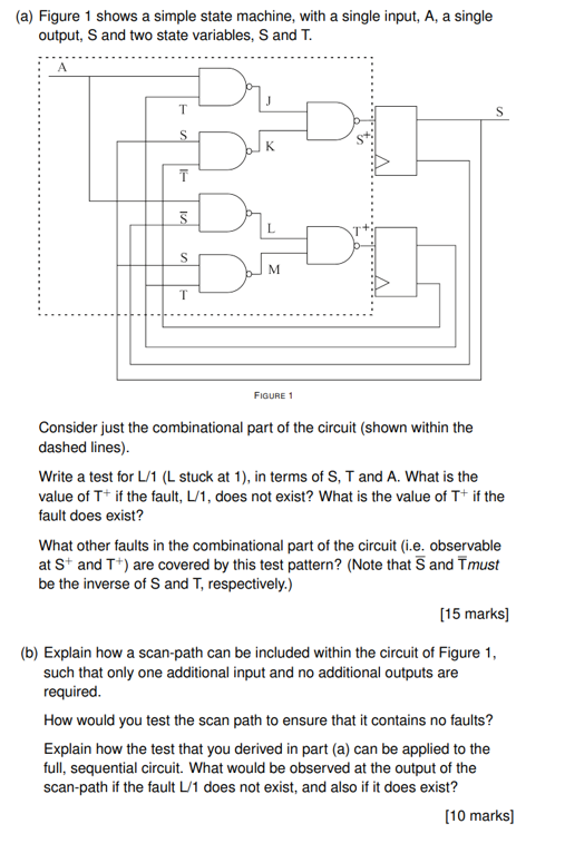 (a) Figure 1 shows a simple state machine, with a single input, A, a single output, \( \mathrm{S} \) and two state variables,