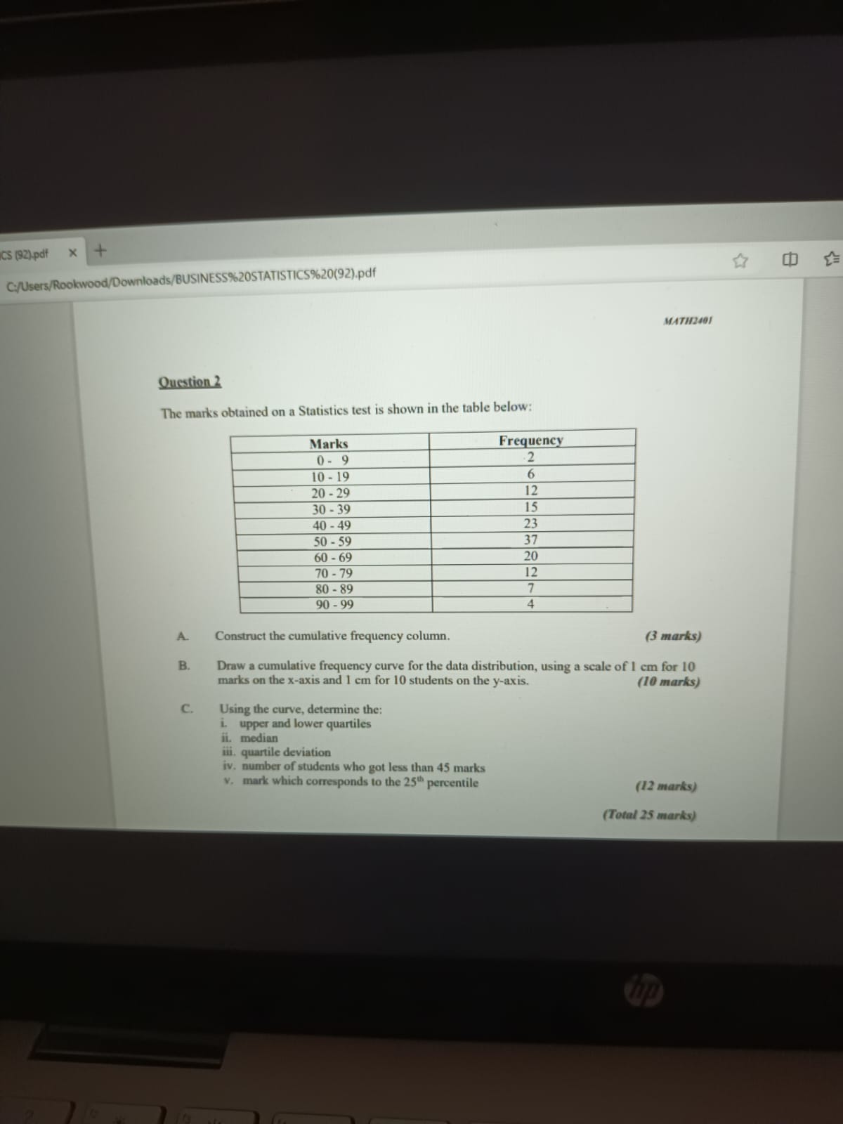 Solved The marks obtained on a Statistics test is shown in | Chegg.com