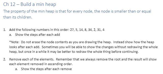 Solved Ch 12 - Build a min heap The property of the min heap | Chegg.com