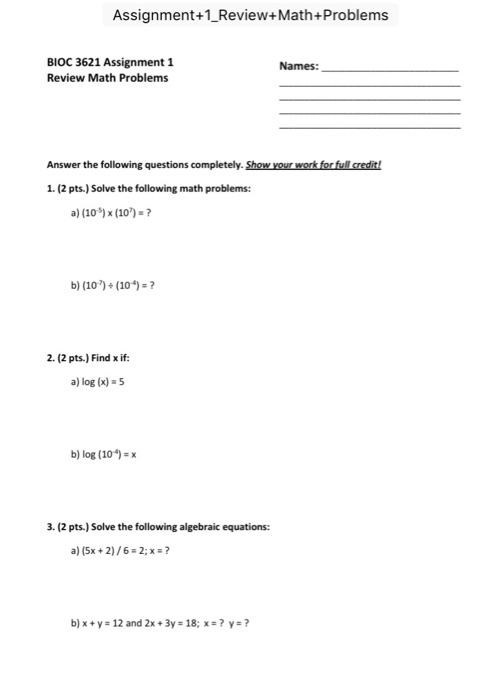 Solved Assignment+1_Review+Math+Problems BIOC 3621 | Chegg.com