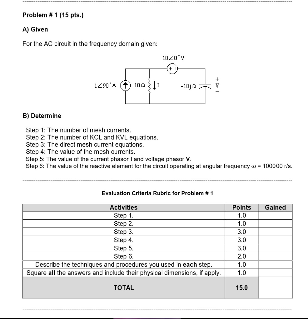 Solved Problem # 1 (15 pts.) A) Given For the AC circuit in | Chegg.com