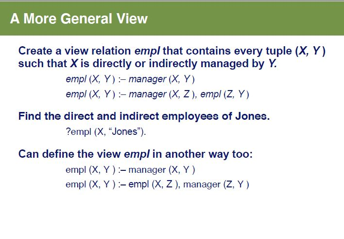 A More General View Create a view relation empl that contains every tuple (X, Y) such that X is directly or indirectly manage