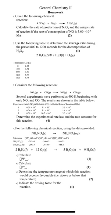 Solved General Chemistry II Homework .Given The Following | Chegg.com