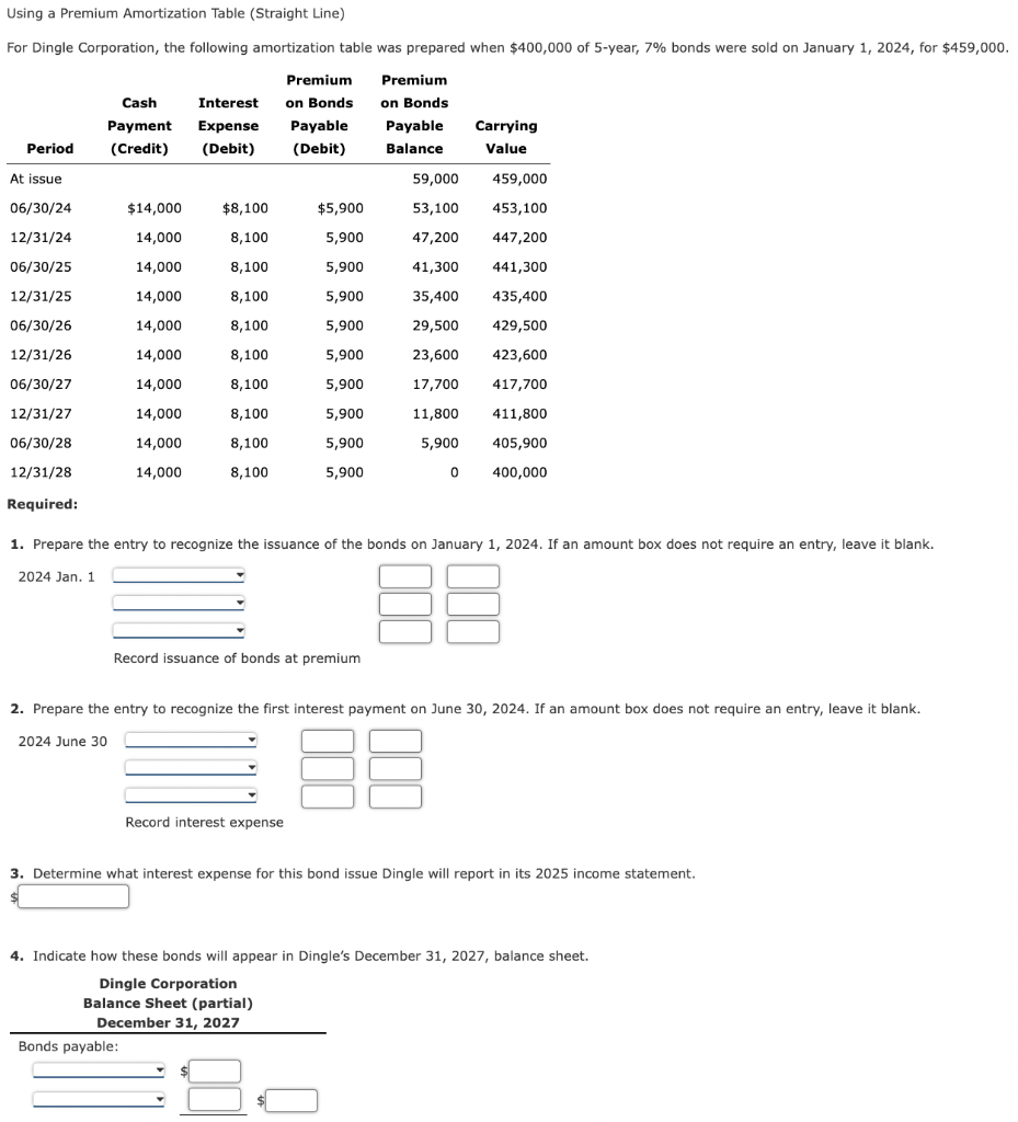 Solved Using a Premium Amortization Table (Straight Line) | Chegg.com