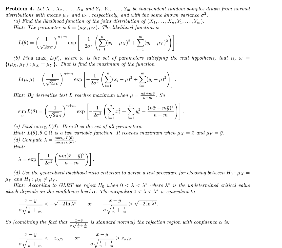 Problem 4. Let X1,X2,…,Xn and Y1,Y2,…,Ym be | Chegg.com