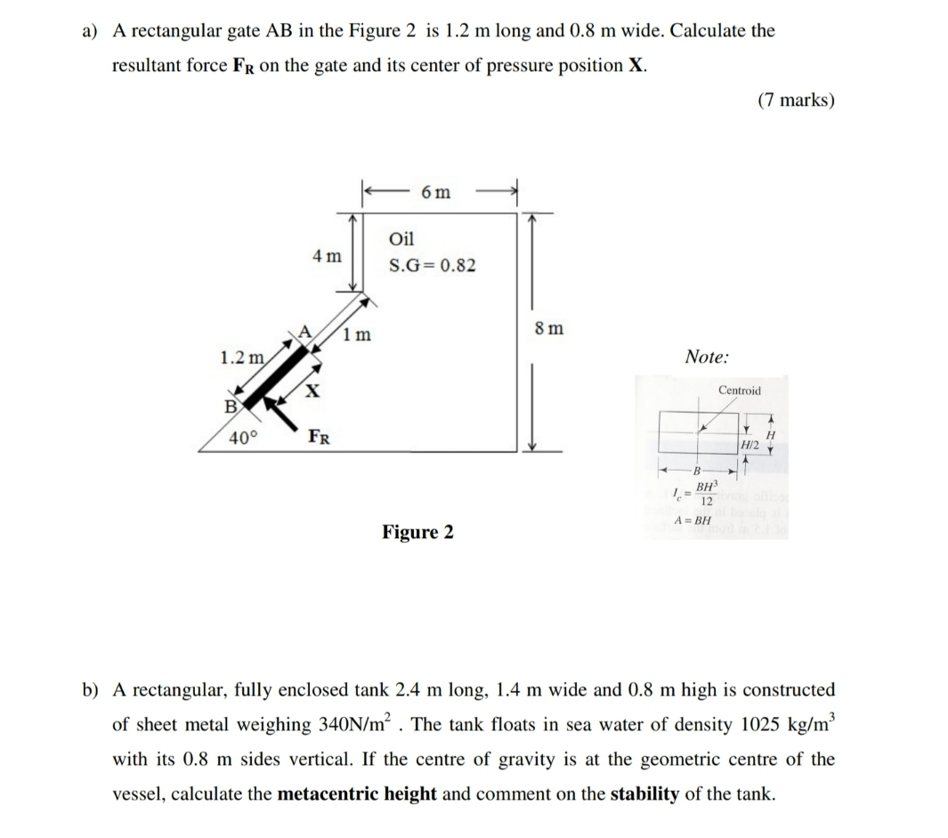 Solved a) A rectangular gate AB in the Figure 2 is 1.2 m | Chegg.com