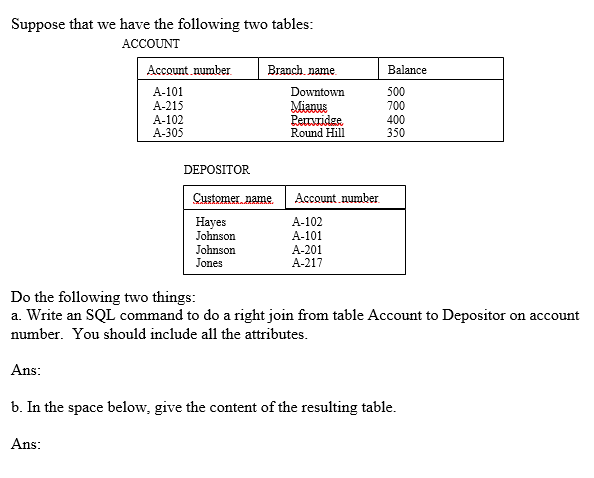 Solved Suppose That We Have The Following Two Tables: | Chegg.com