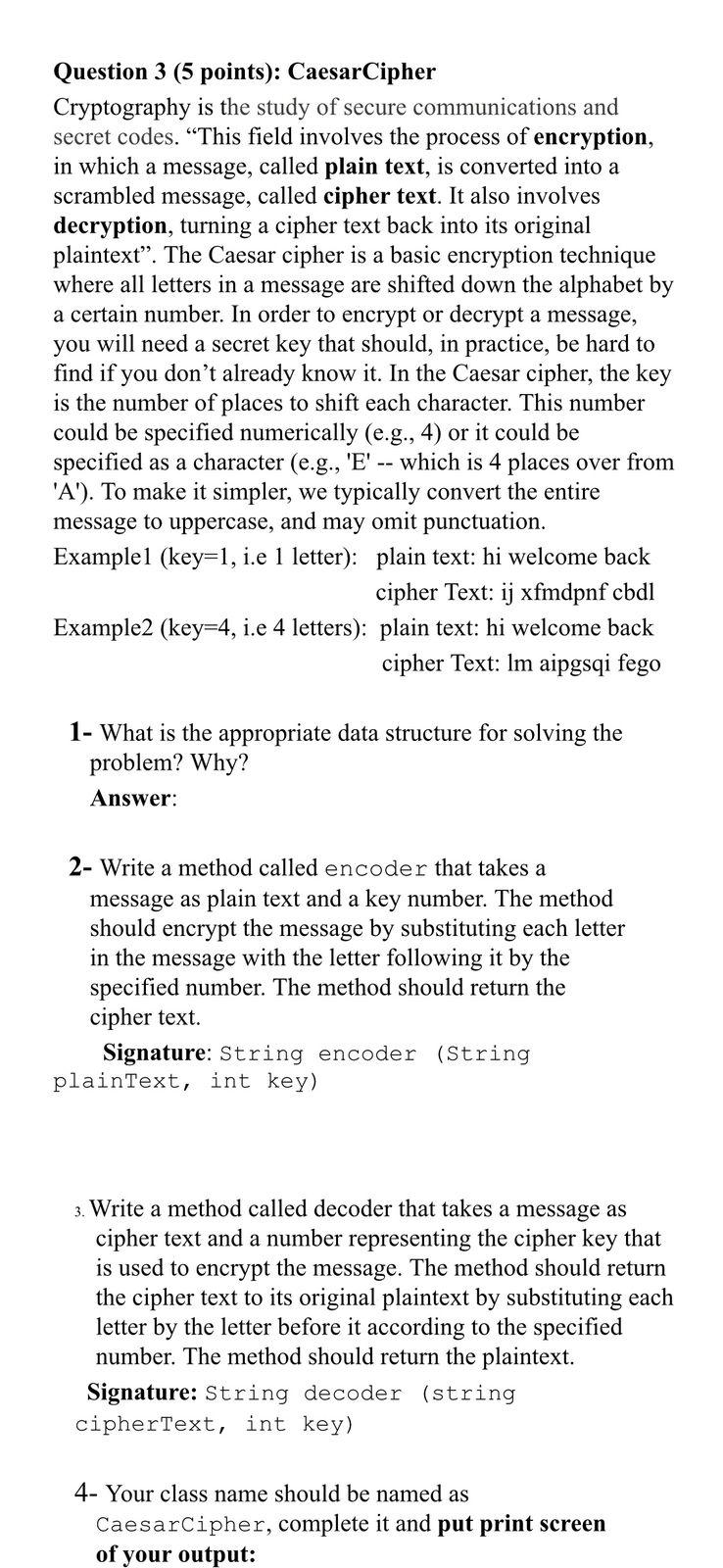 Solved Question 3 (5 points) CaesarCipher Cryptography is