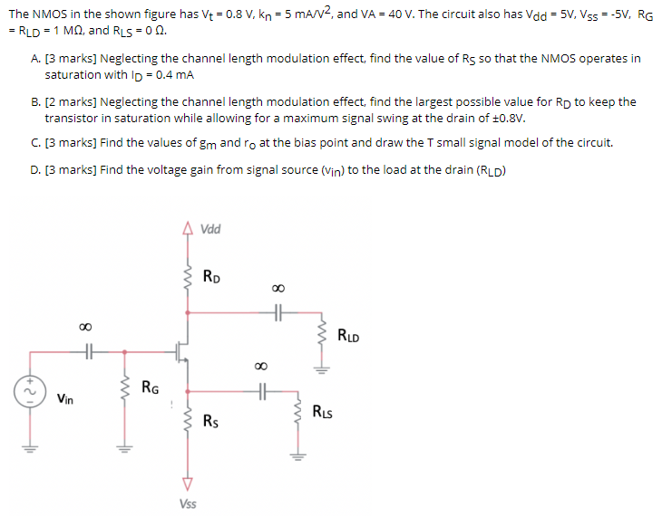 Solved The NMOS in the shown figure has Vt = 0.8 V, kn = 5 | Chegg.com