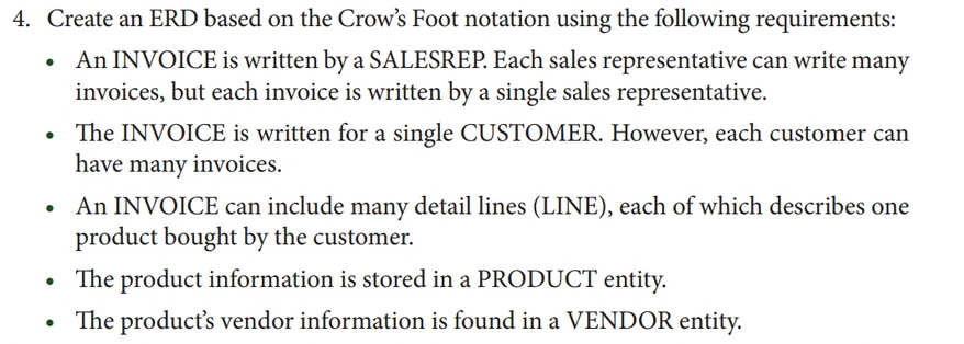 Solved 4. Create an ERD based on the Crow's Foot notation | Chegg.com