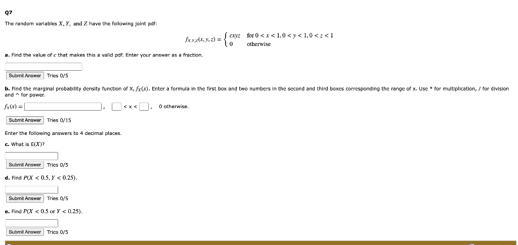 Solved Q7 The Random Variables X Y And Z Have The Following