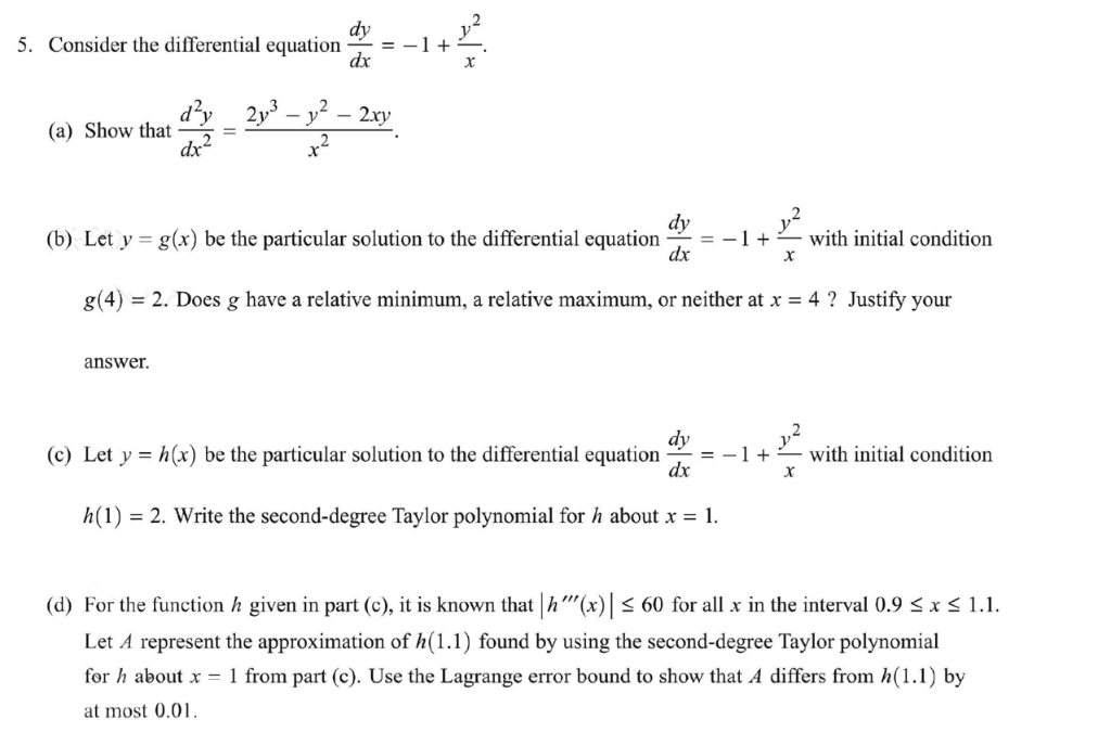 Solved dy dx 5. Consider the differential equation-=-1 + (a) | Chegg.com