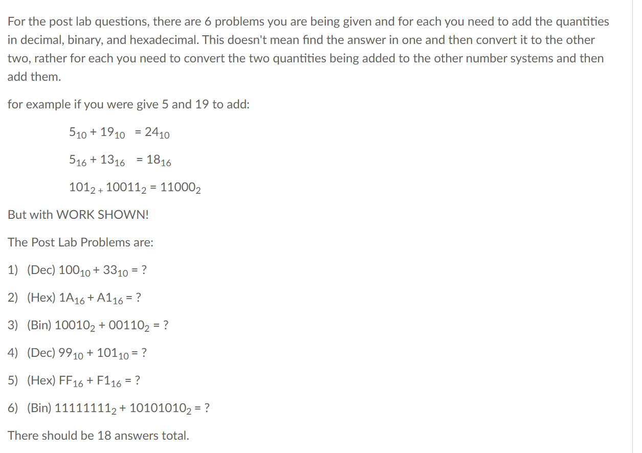 Solved For the post lab questions, there are 6 problems you | Chegg.com