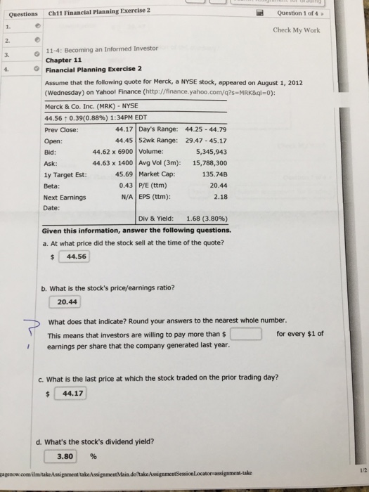 Solved Ch11 Financial Planning Exercise 2 Question 1 Of 4 | Chegg.com